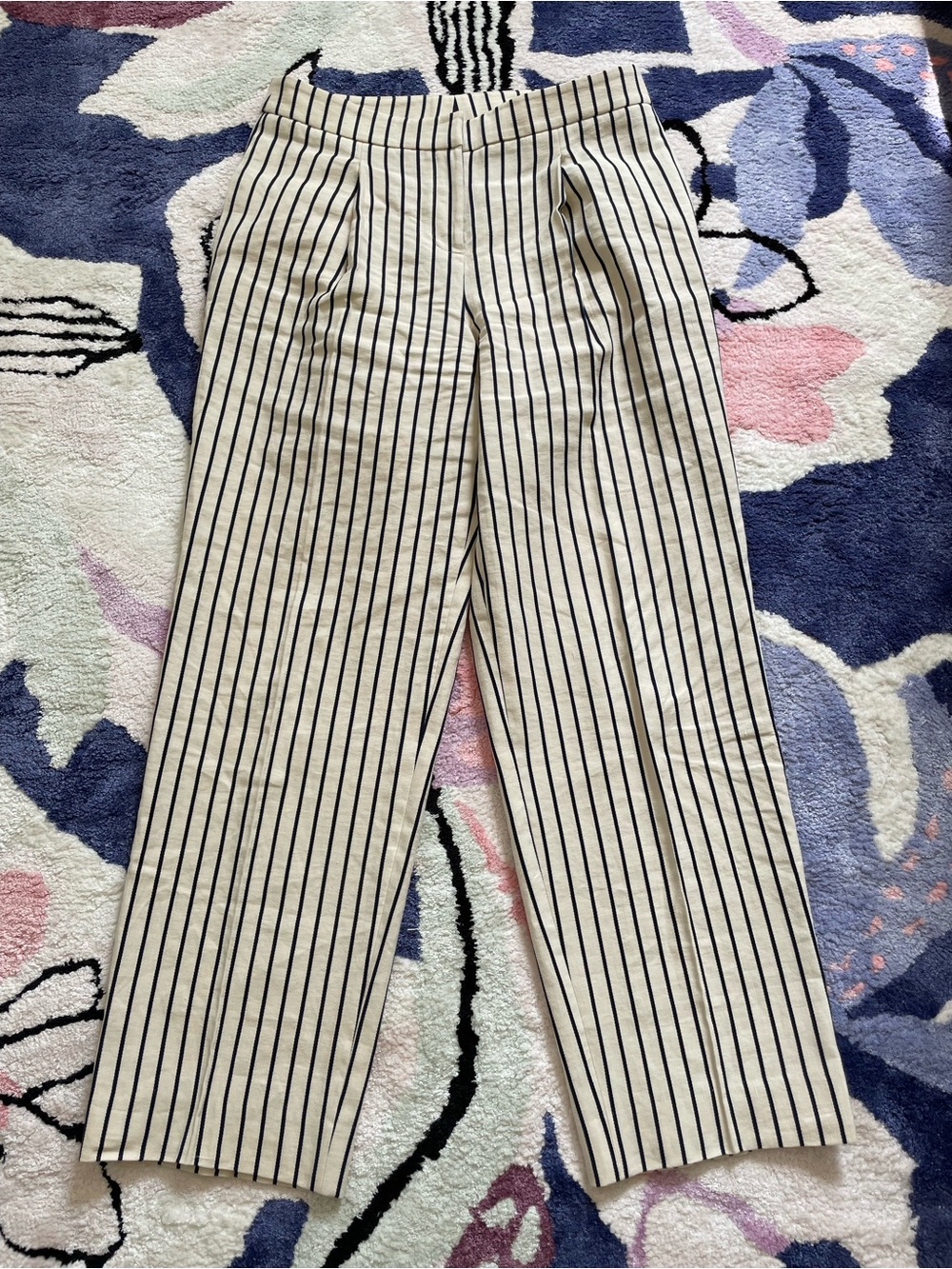 Worth New York linen cotton pinstripe pleated trousers cream & dark navy blue 4
